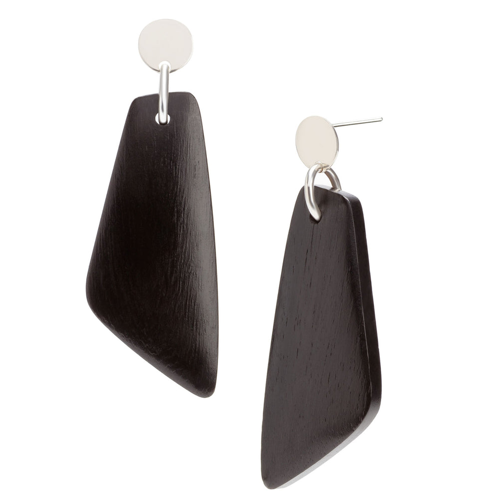 Black wood and silver Trapezium shaped drop earrings