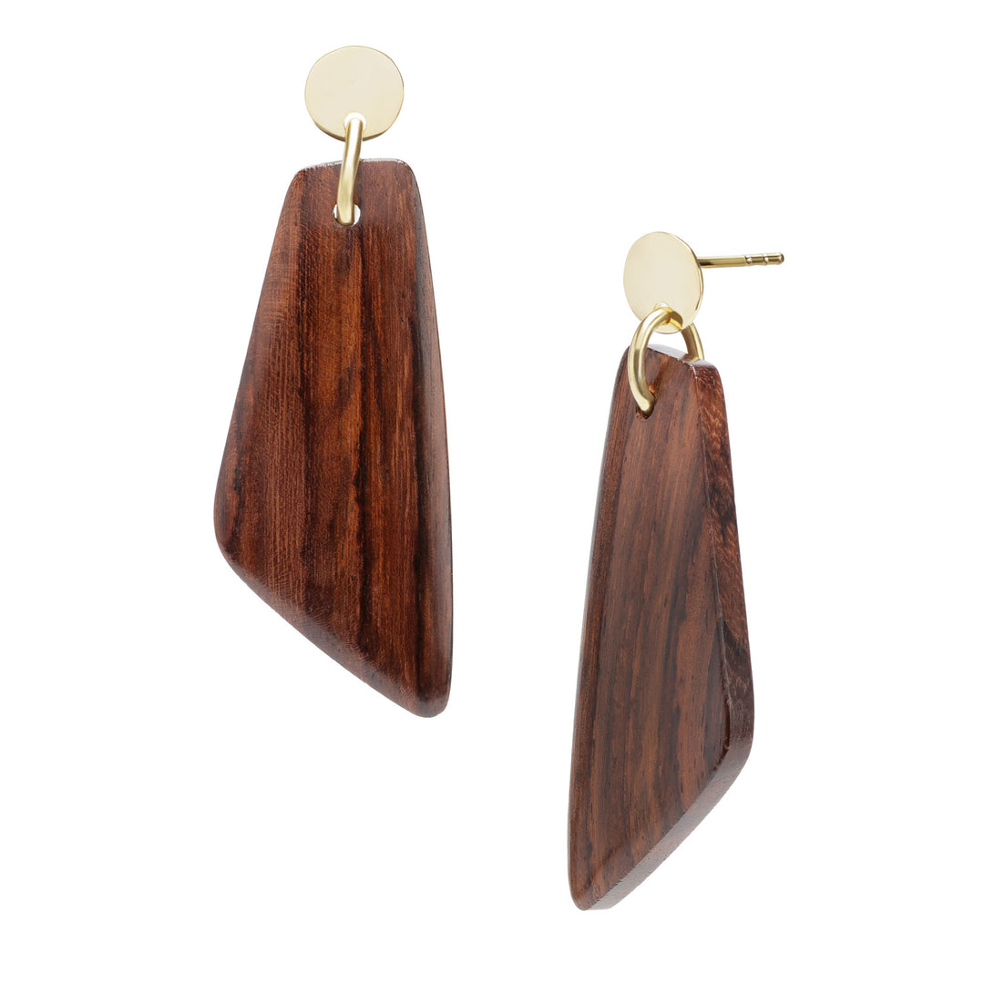 Brown wood and gold plate Trapezium shaped drop earrings