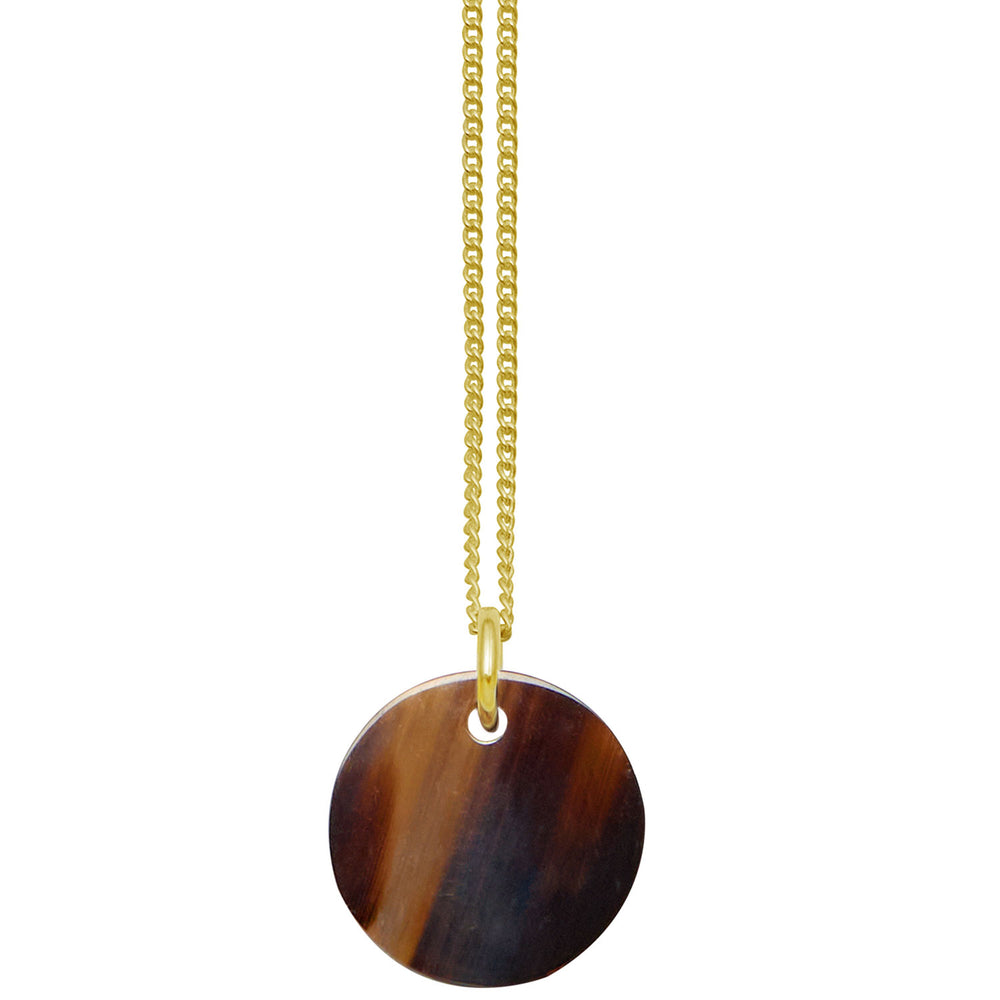 Branch Jewellery - small round reversable yellow and brown natural horn disc pendant on a gold plated silver chain.