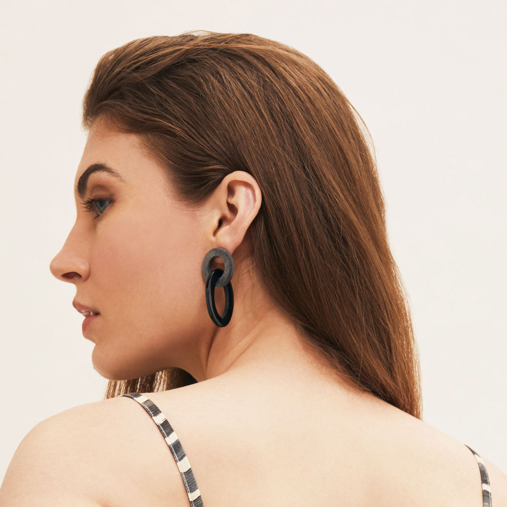 Branch Jewellery - Black and grey Natural small oval buffalo horn link earring 