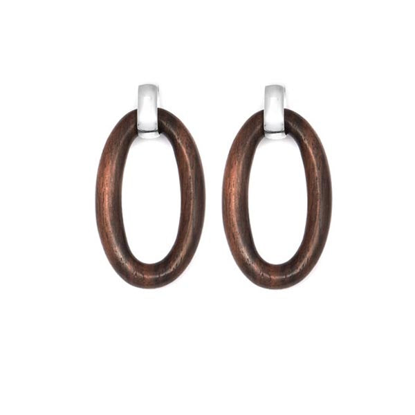 Oval Silver and Wood Link Earring