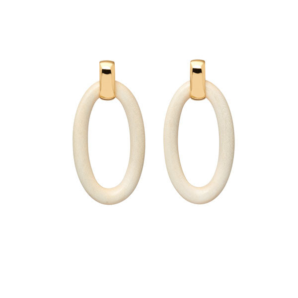 White Wood Oval and Gold Earrings