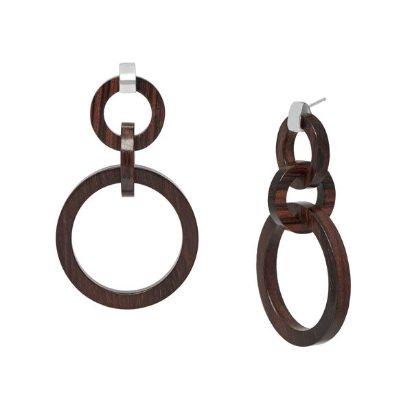 Branch Jewellery - Brown wood and silver round link earrings