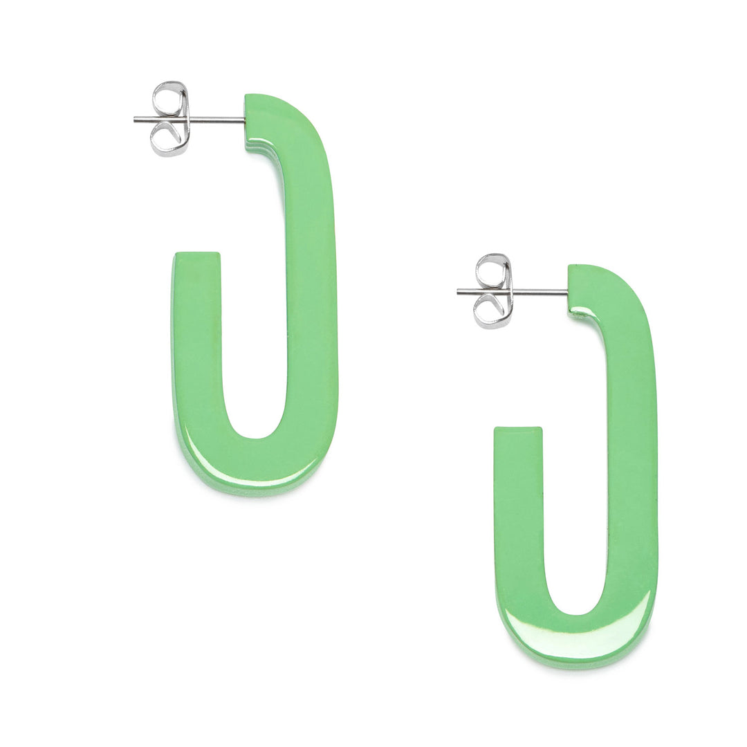 Branch Jewellery - Mint green lacquered horn oblong horn hoop earrings.