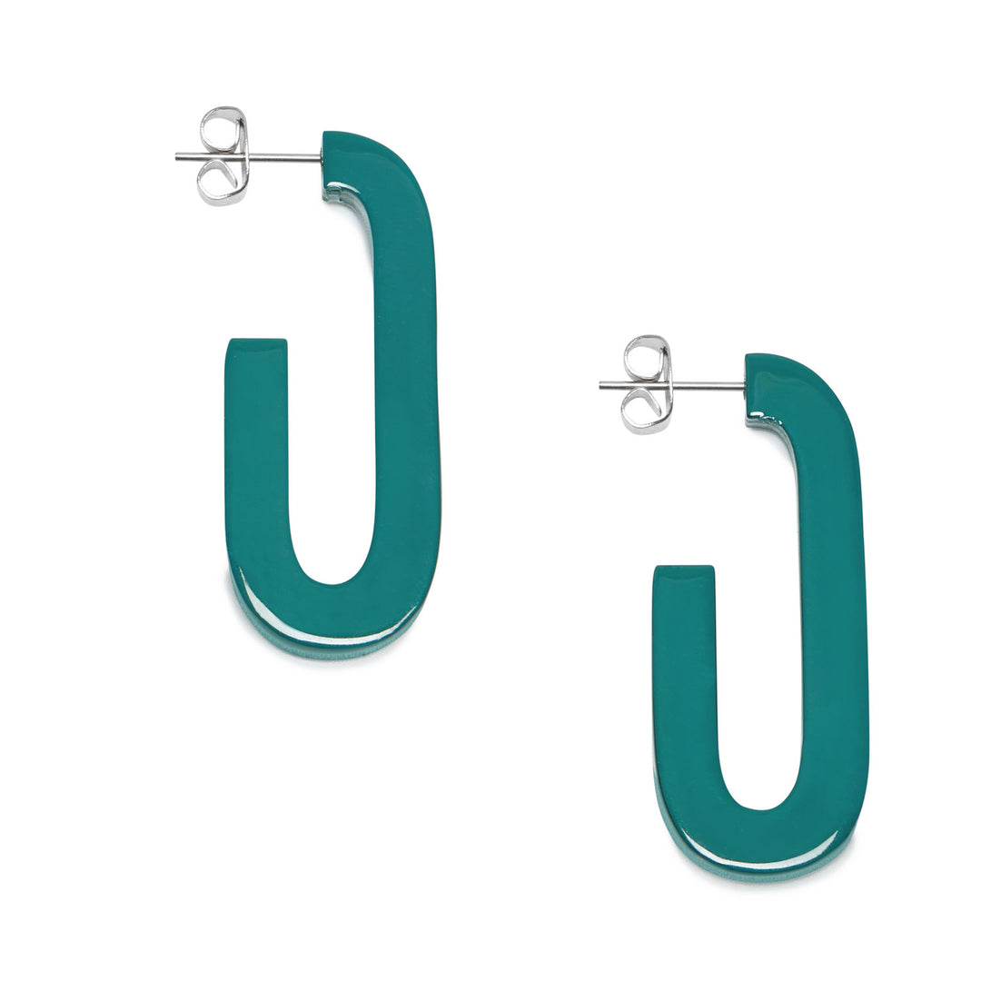 Branch Jewellery - Teal blue lacquered horn oblong hoop earrings.