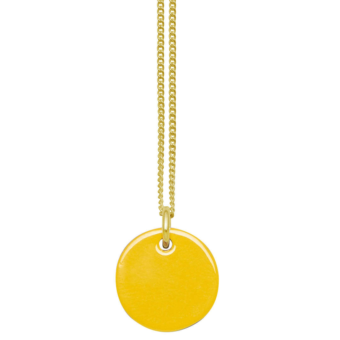 Branch Jewellery - small round reversable yellow and brown natural horn disc pendant on a gold plated silver chain.