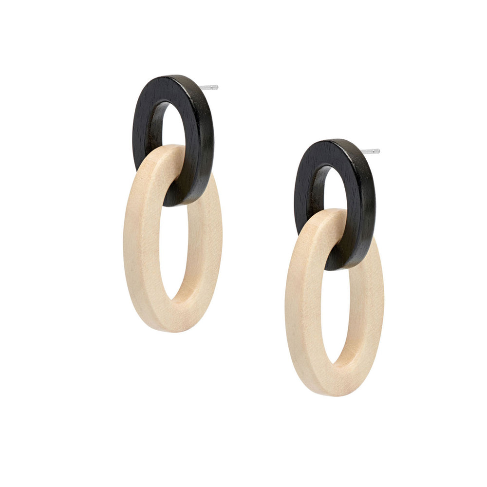 Branch Jewellery - Aria - Interlocking black and white wood oval link earrings.