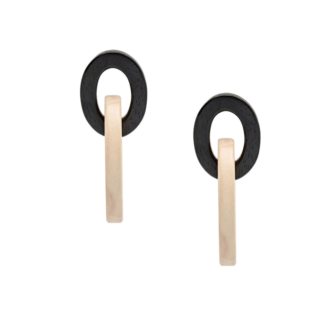 Branch Jewellery - Aria - Interlocking black and white wood oval link earrings.