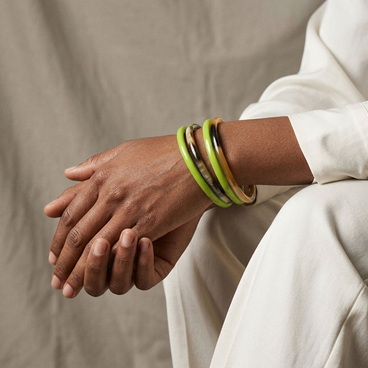 Zuri Set of three Slim lime green and brown Natural Horn Bangles
