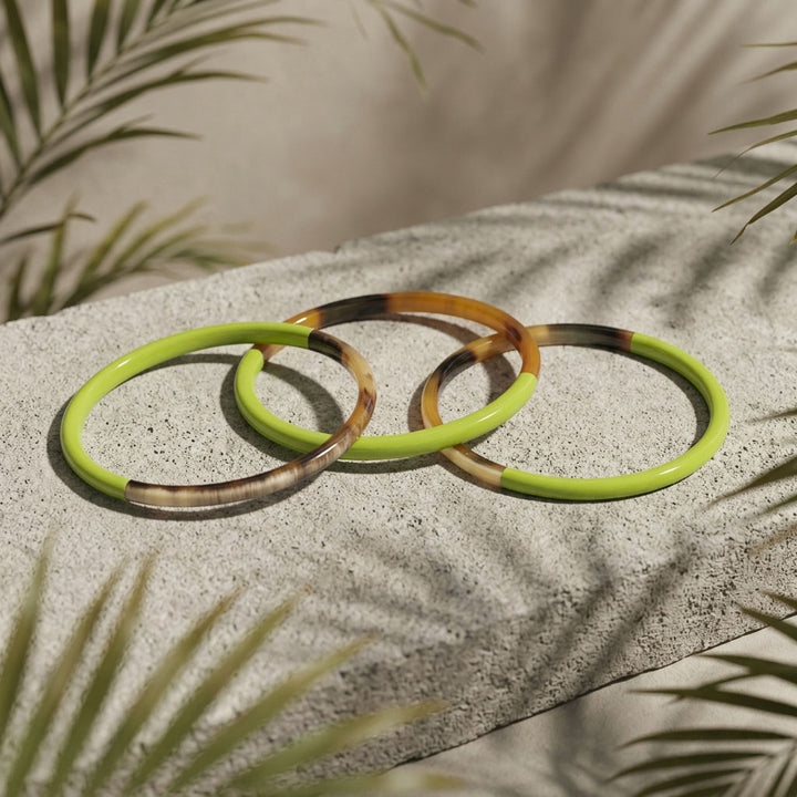 Zuri Set of three Slim lime green and brown Natural Horn Bangles