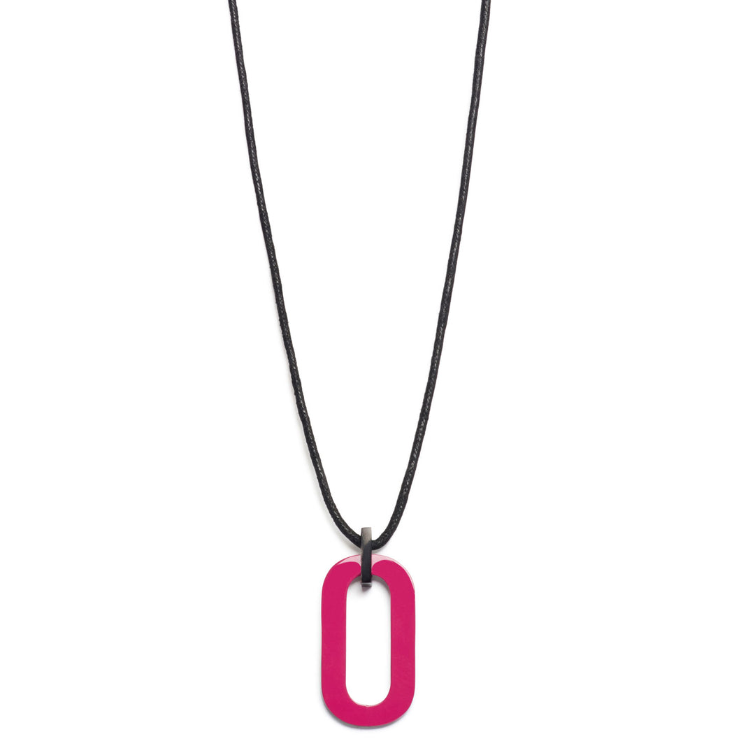 Branch Jewellery reversible Adjustable long pink and black rectangular link horn pendant with Pink lacquered horn on one side and natural black horn on the other