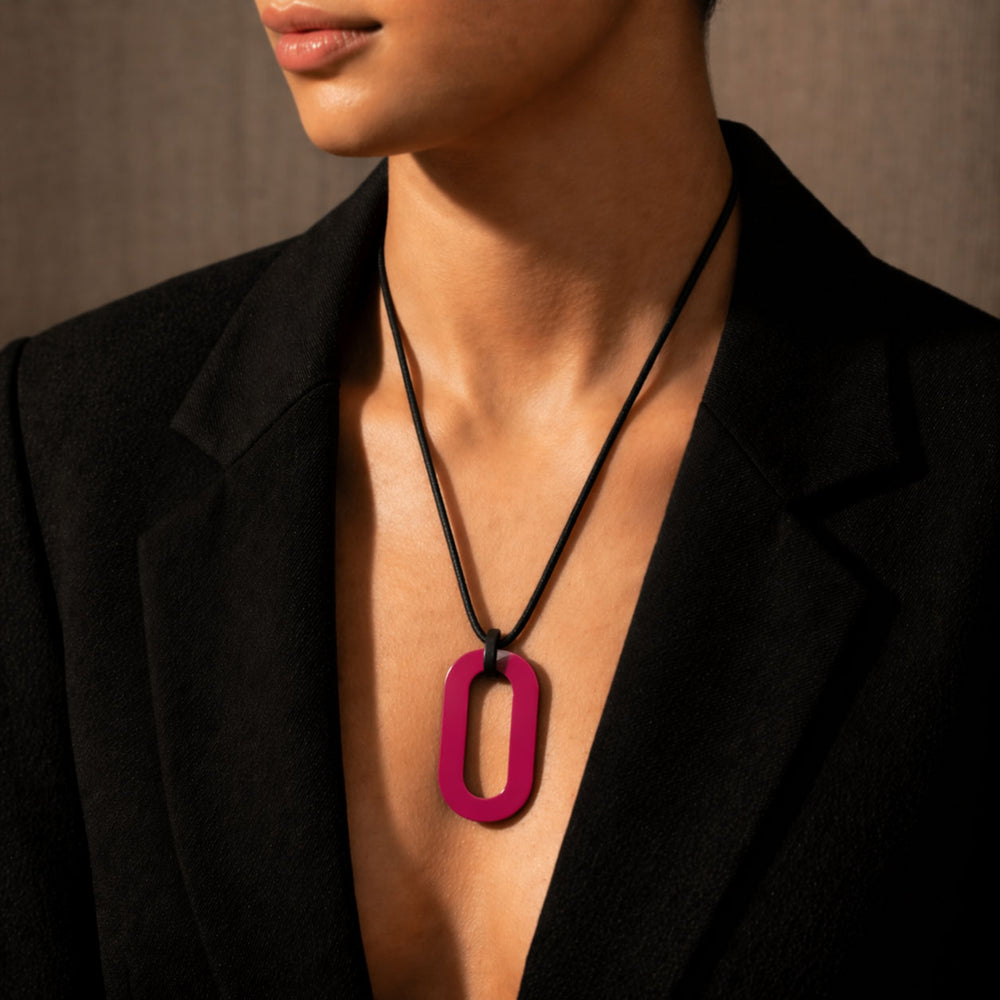 Branch Jewellery reversible Adjustable long pink and black rectangular link horn pendant with Pink lacquered horn on one side and natural black horn on the other