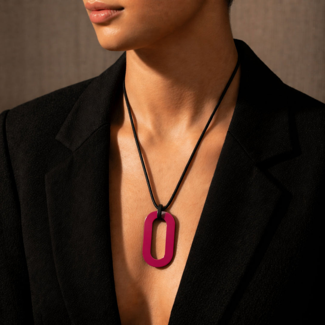 Branch Jewellery reversible Adjustable long pink and black rectangular link horn pendant with Pink lacquered horn on one side and natural black horn on the other