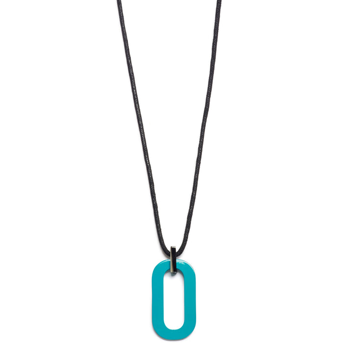 Branch Jewellery reversible Adjustable long turquoise blue and black rectangular link horn pendant with turquoise lacquered horn on one side and natural black horn on the other