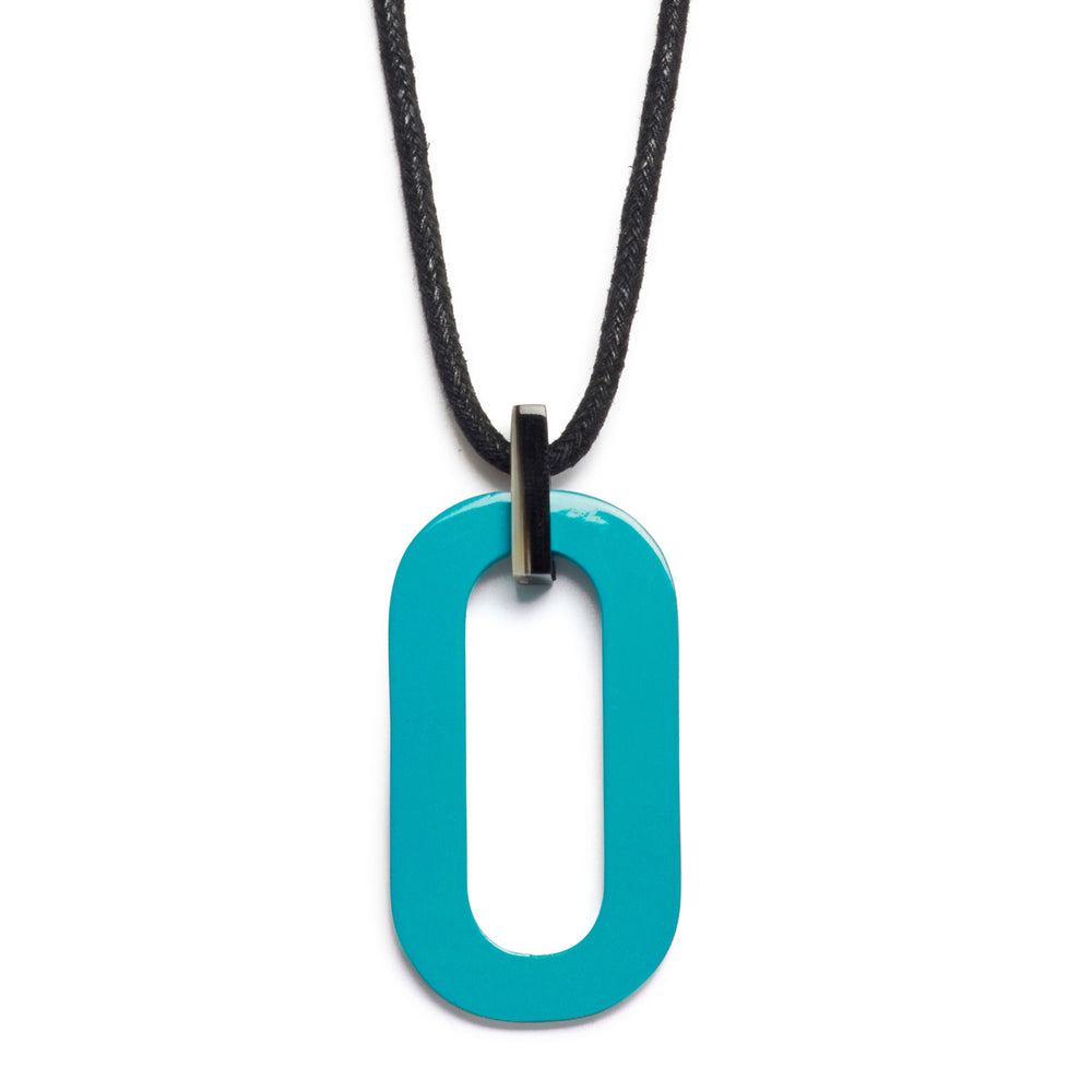 Branch Jewellery reversible Adjustable long turquoise blue and black rectangular link horn pendant with turquoise lacquered horn on one side and natural black horn on the other
