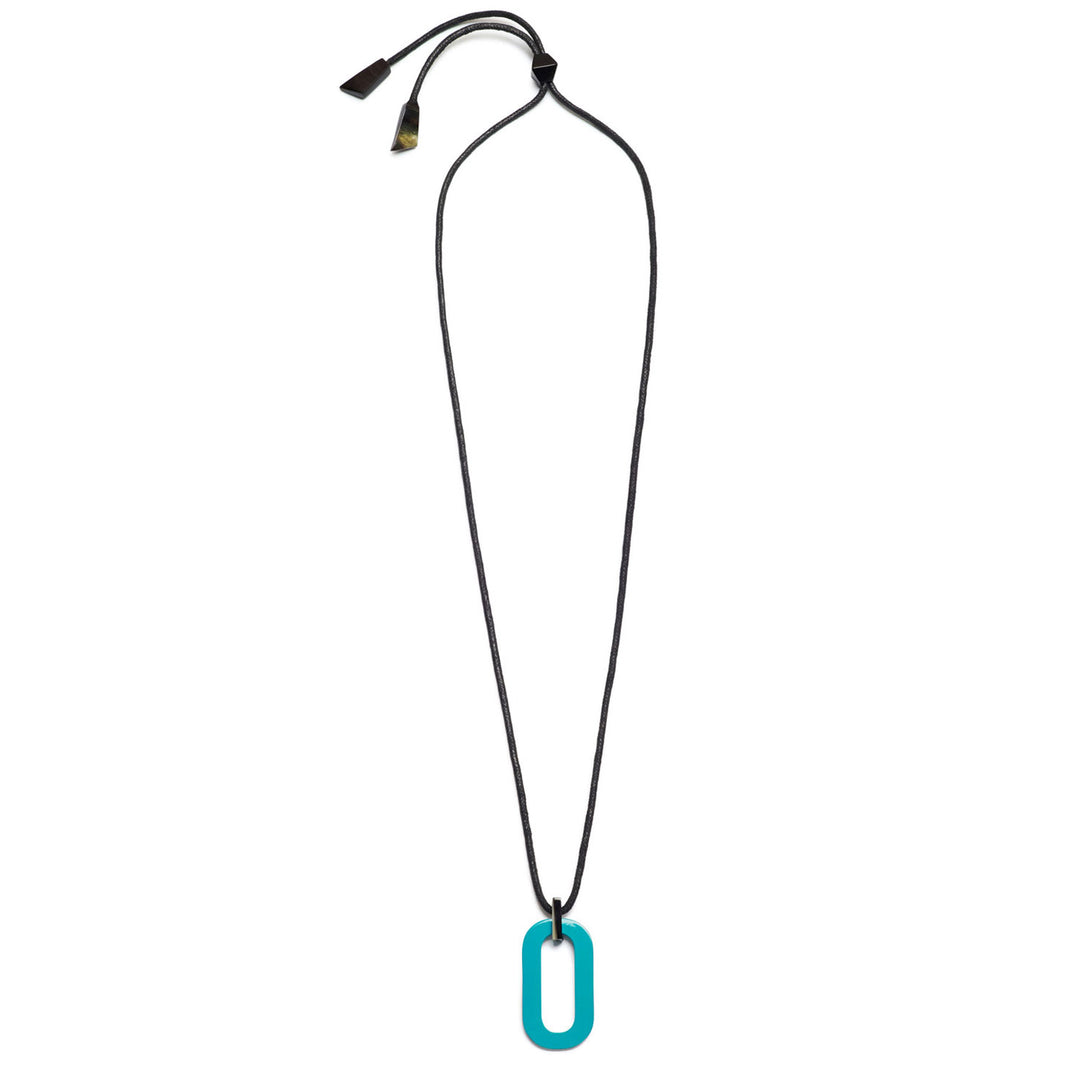 Branch Jewellery reversible Adjustable long turquoise blue and black rectangular link horn pendant with turquoise lacquered horn on one side and natural black horn on the other