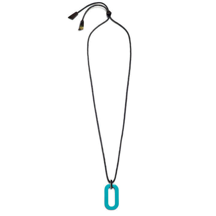 Branch Jewellery reversible Adjustable long turquoise blue and black rectangular link horn pendant with turquoise lacquered horn on one side and natural black horn on the other
