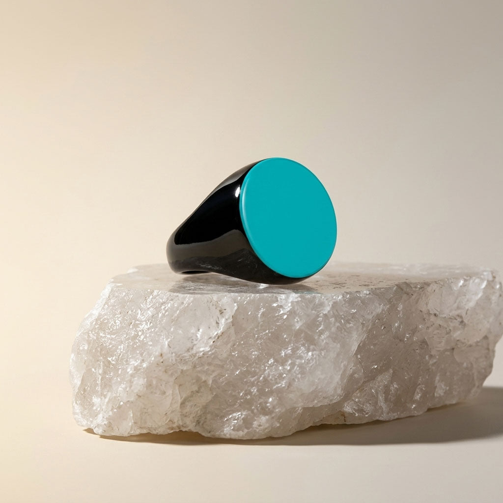 Branch Jewellery round horn statement cocktail ring with natural black horn base and a smooth Turquoise Blue lacquered round top.