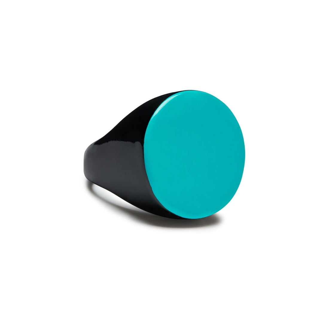 Branch Jewellery round horn statement cocktail ring with natural black horn base and a smooth Turquoise Blue lacquered round top.