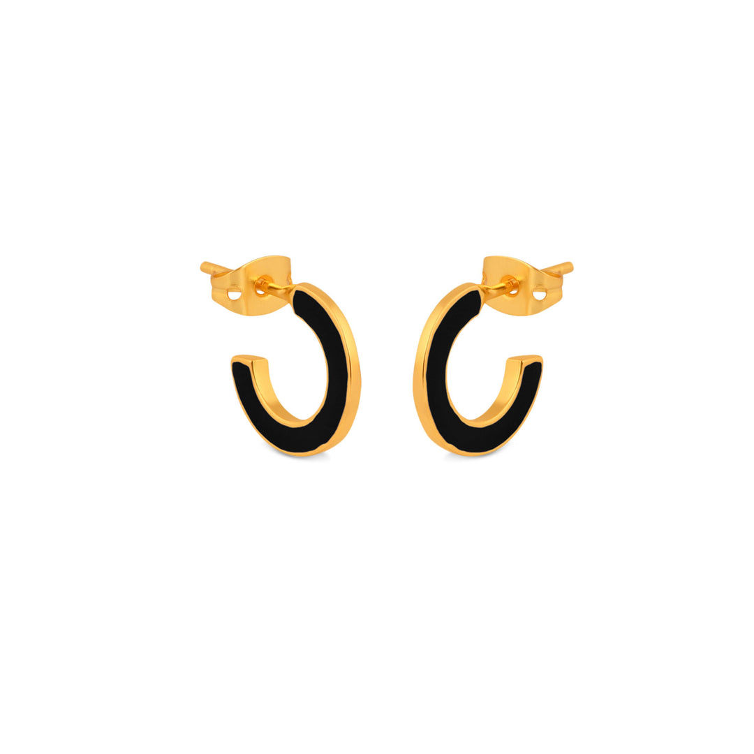 Gold and black enamel huggie hoop earring