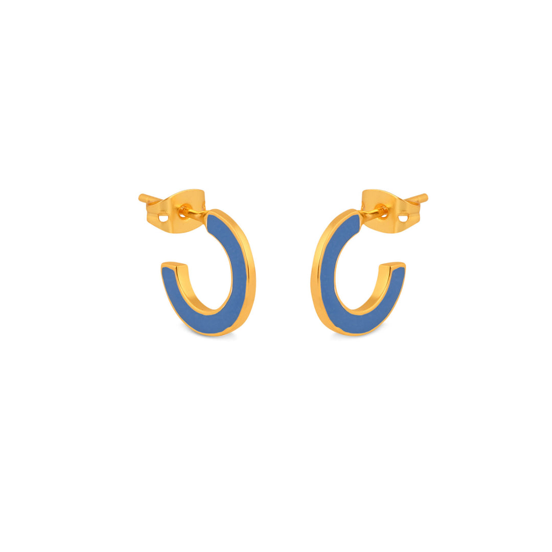 Gold and blue enamel huggie hoop earring