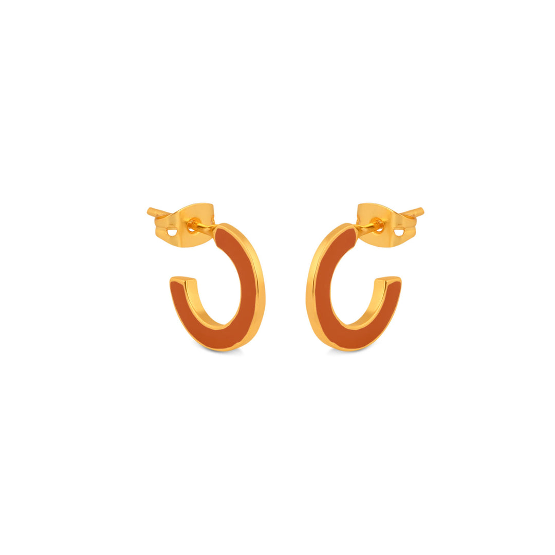 Gold and Orange enamel huggie hoop earring
