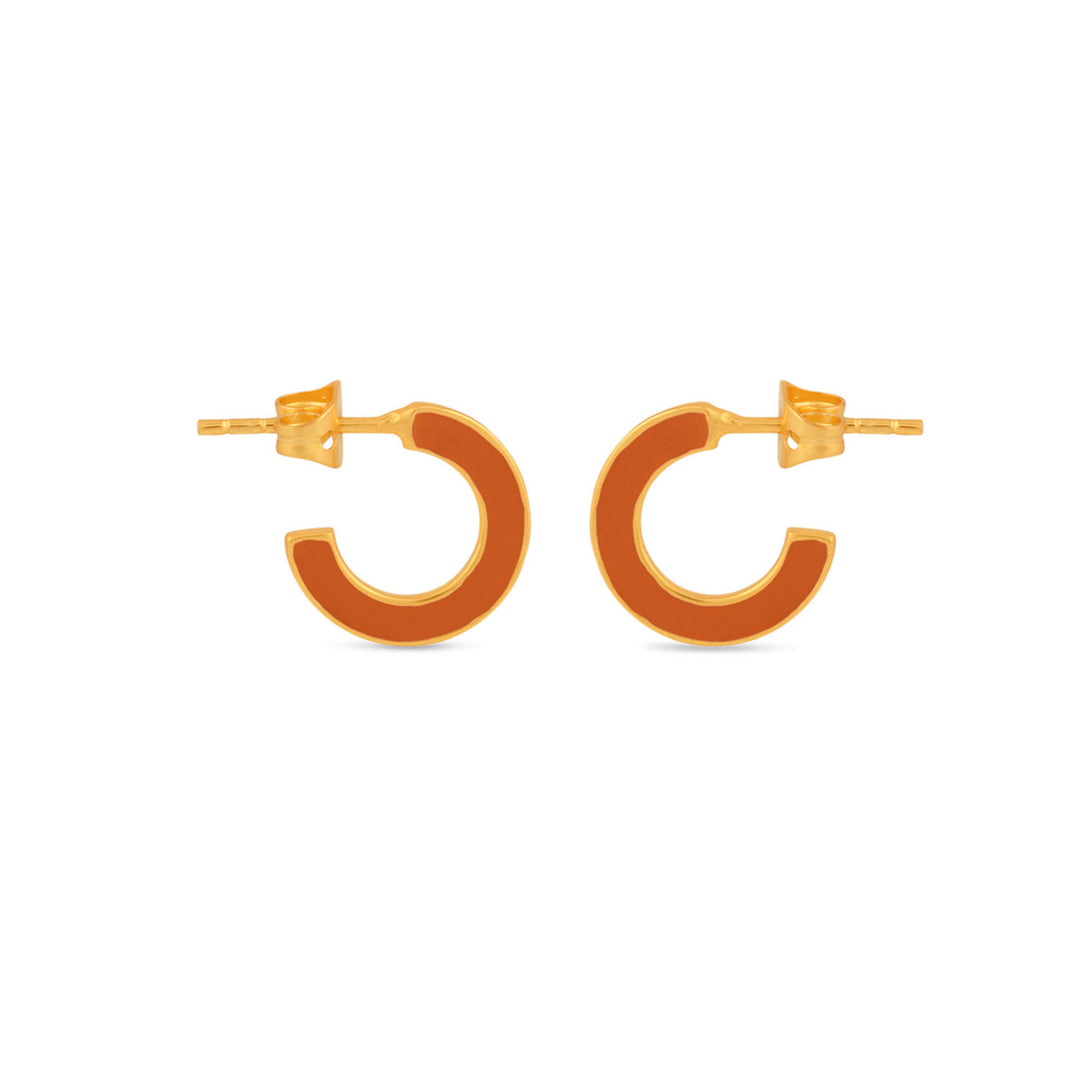 Gold and Orange enamel huggie hoop earring