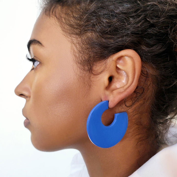 Large flat Bright blue lacquered hoop earring