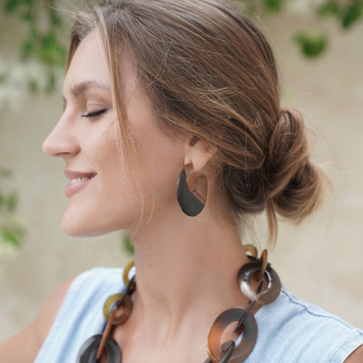 Large flat brown natural hoop earring