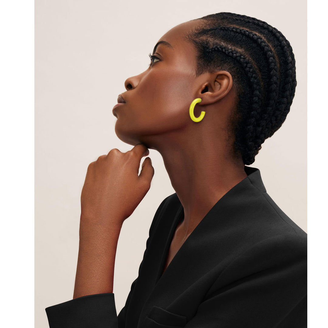 Branch Jewellery - Chartreuse lacquered rounded horn hoop earring.