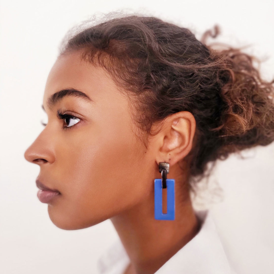 Bright blue rectangle link horn earrings