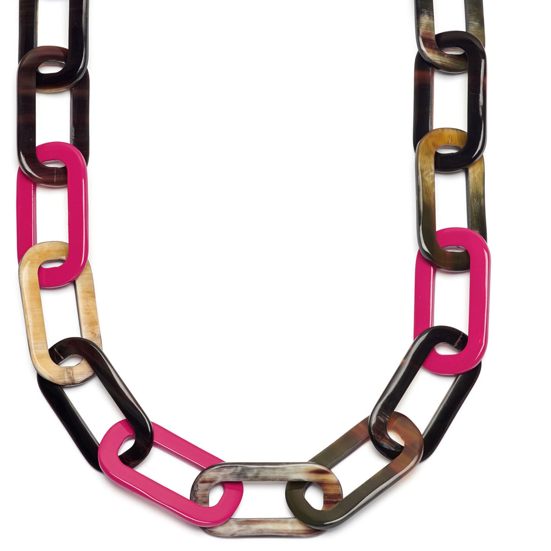 The Bright Fuchsia Pink and Black Natural Large Rectangle Link Necklace by Branch Jewellery is handmade with interlocking links in black, tan, brown, and pink, featuring a toggle clasp for easy wear.
