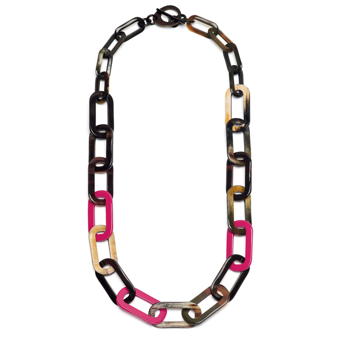 The Bright Fuchsia Pink and Black Natural Large Rectangle Link Necklace by Branch Jewellery is handmade with interlocking links in black, tan, brown, and pink, featuring a toggle clasp for easy wear.