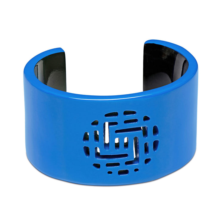 Branch Jewellery - Bright blue lacquered horn cuff bangle with a cut-out centre motif, handmade from ethically sourced buffalo horn.