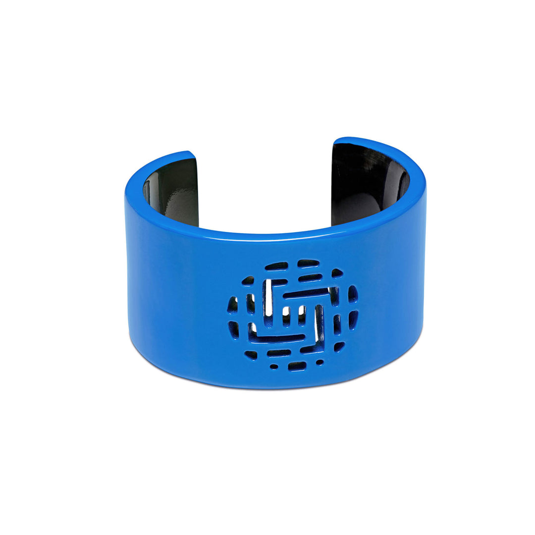 Branch Jewellery - Bright blue lacquered horn cuff bangle with a cut-out centre motif, handmade from ethically sourced buffalo horn.