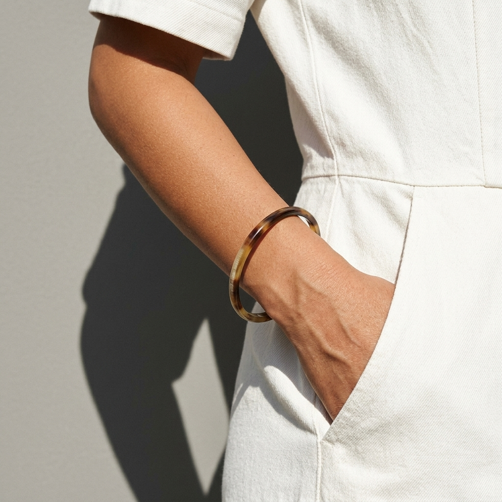 Zuri brown natural buffalo horn slim stacking bangle, handmade by Branch Jewellery