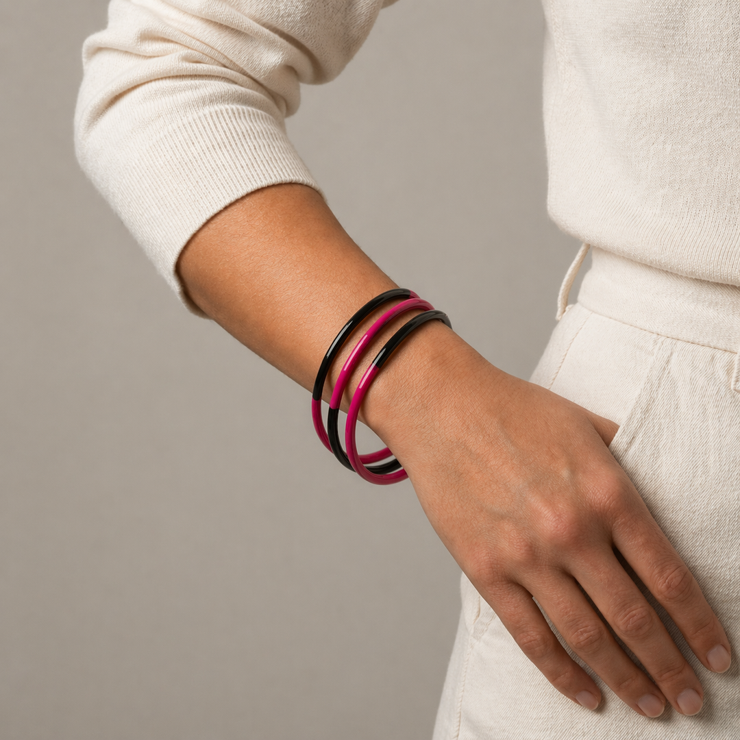 Zuri Set of three Slim Fuchsia Pink and Black Natural Horn Bangles
