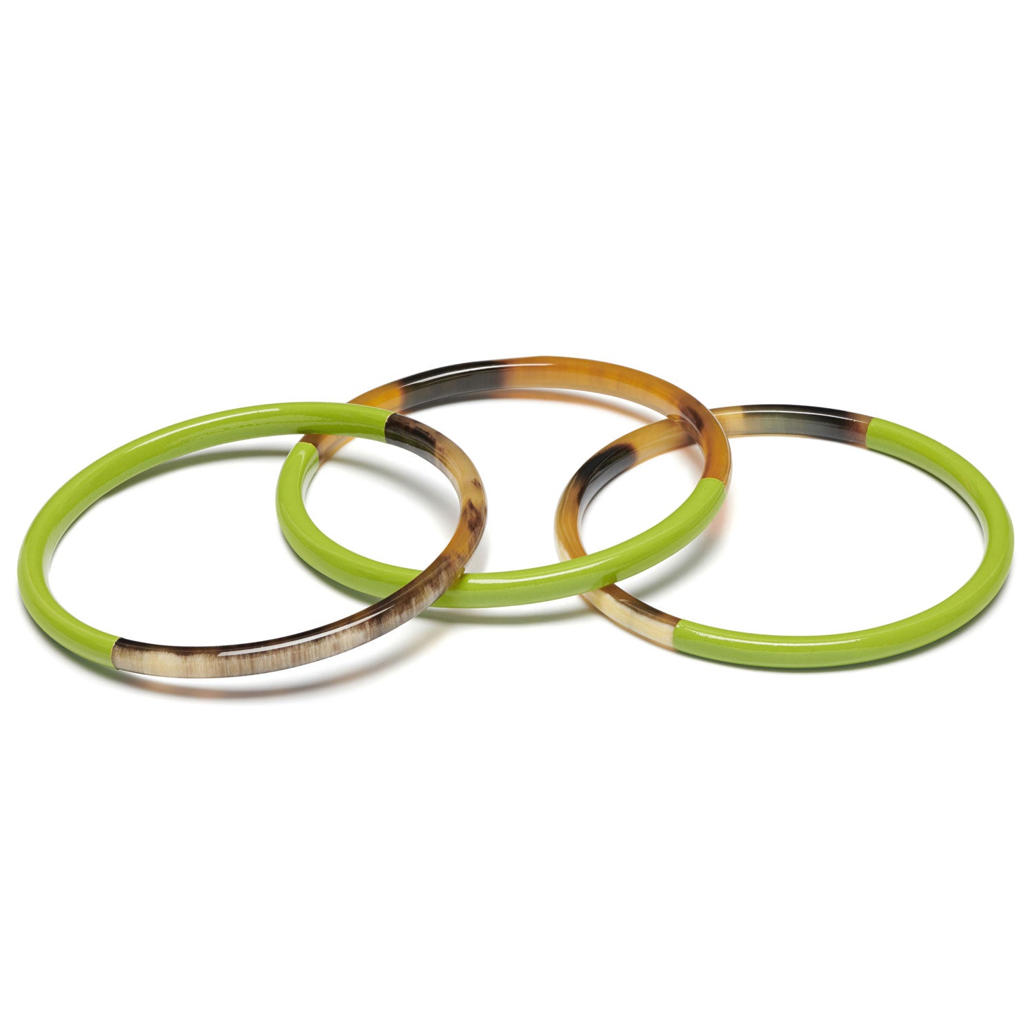 Branch Jewellery Set of three Slim lime green and brown Horn Bangles