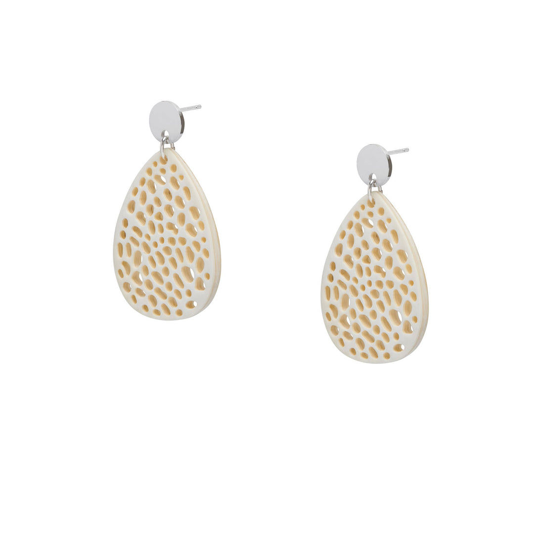 Petra White and Silver teardrop-shaped statement horn earrings