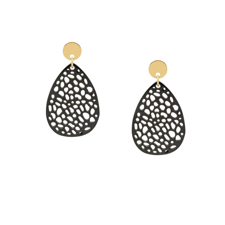 Petra Black and Gold teardrop-shaped statement horn earrings