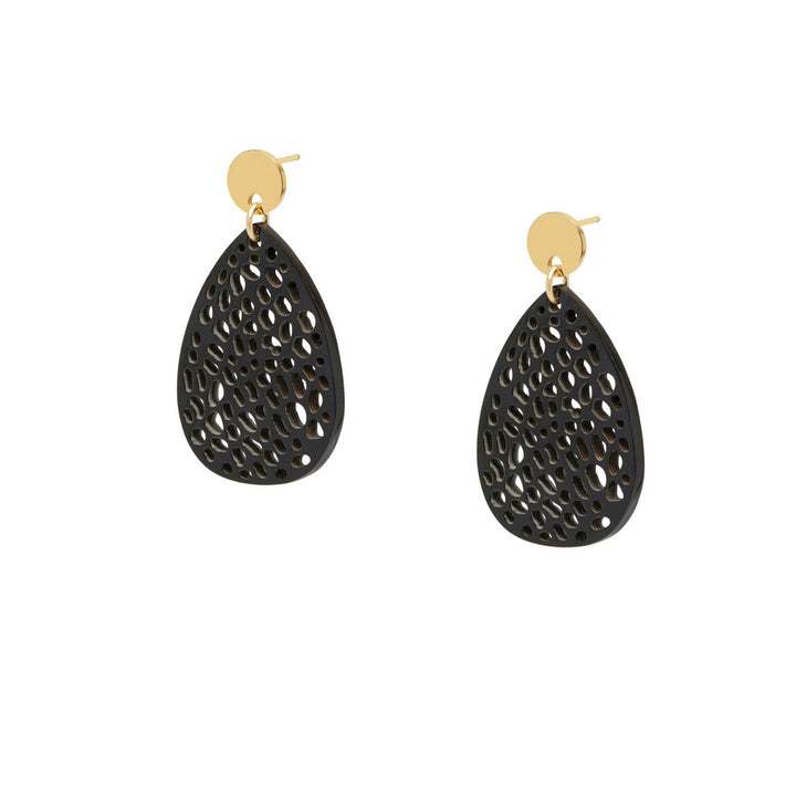 Petra Black and Gold teardrop-shaped statement horn earrings