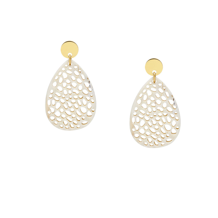 Petra White and Gold teardrop-shaped statement horn earrings