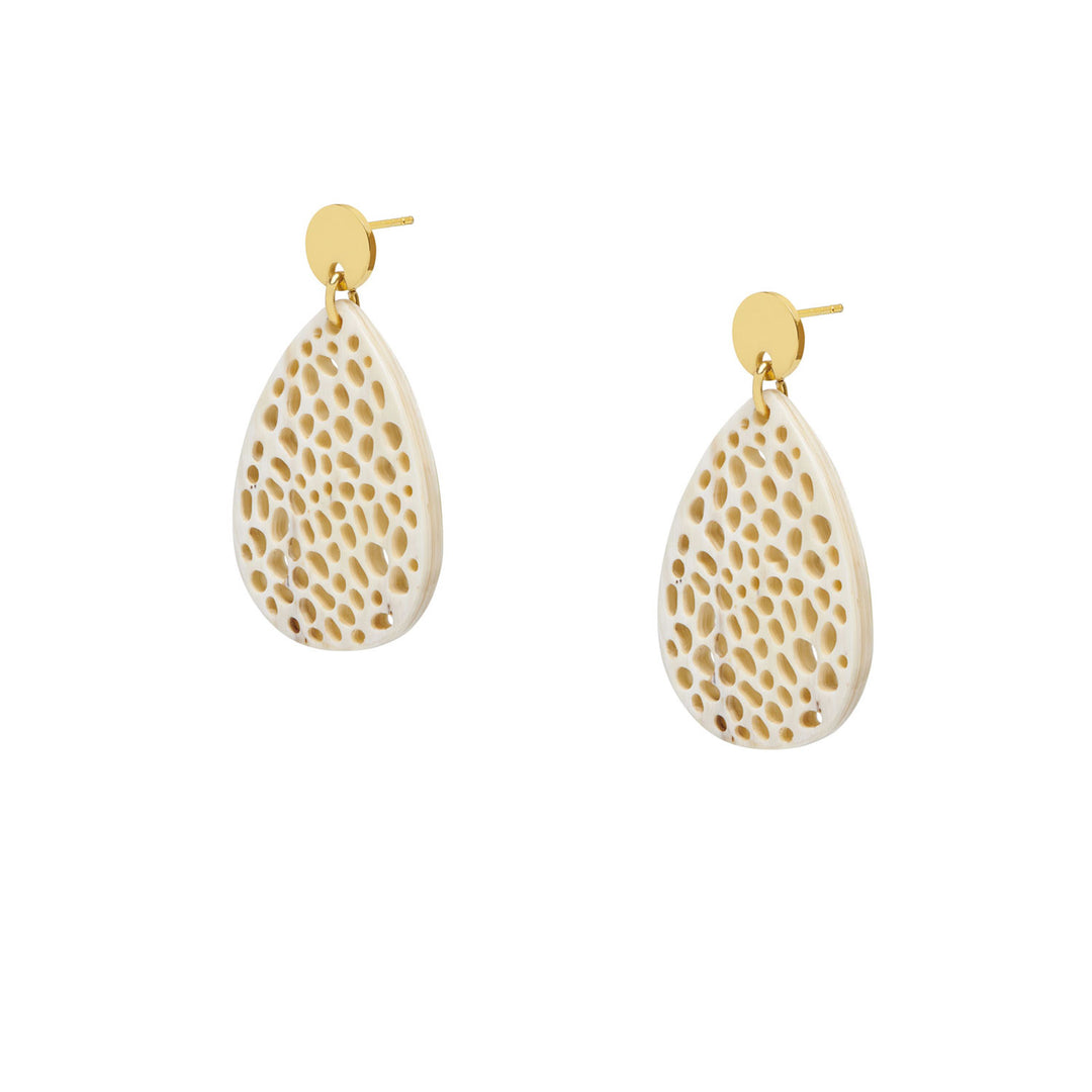 Petra White and Gold teardrop-shaped statement horn earrings
