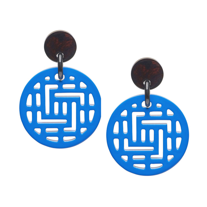 Moko Blue Round Geometric patterned Horn Earrings