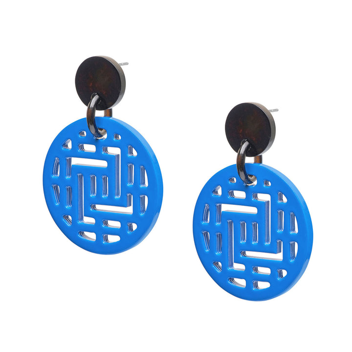 Moko Blue Round Geometric patterned Horn Earrings