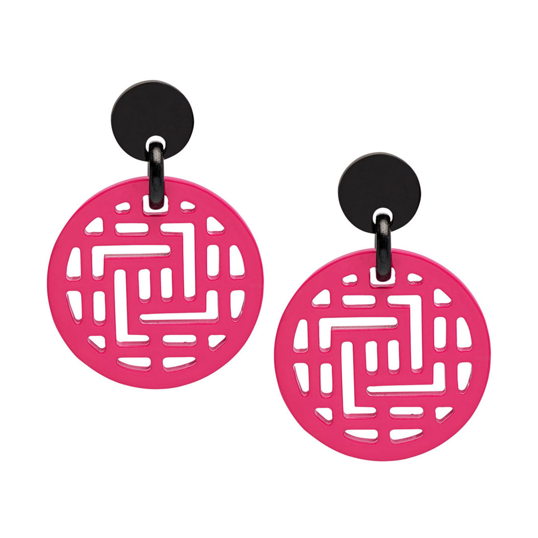 Branch Jewellery Fuchsia Pink and Black geometric shape cut-out round statement earrings