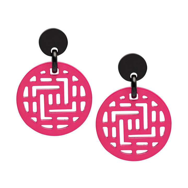 Branch Jewellery Fuchsia Pink and Black geometric shape cut-out round statement earrings