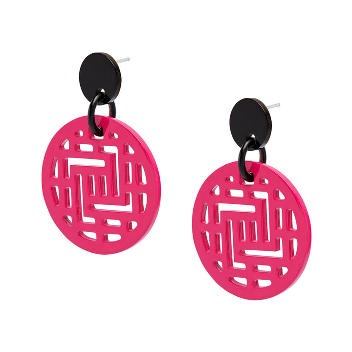 Branch Jewellery Fuchsia Pink and Black geometric shape cut-out round statement earrings
