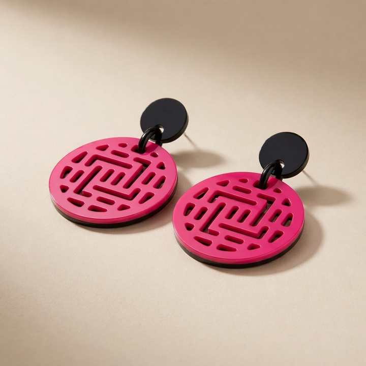 Moko Fuchsia Pink Round Geometric patterned Horn Earrings