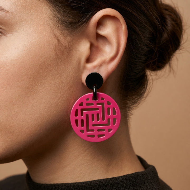 Branch Jewellery Fuchsia Pink and Black geometric shape cut-out round statement earrings